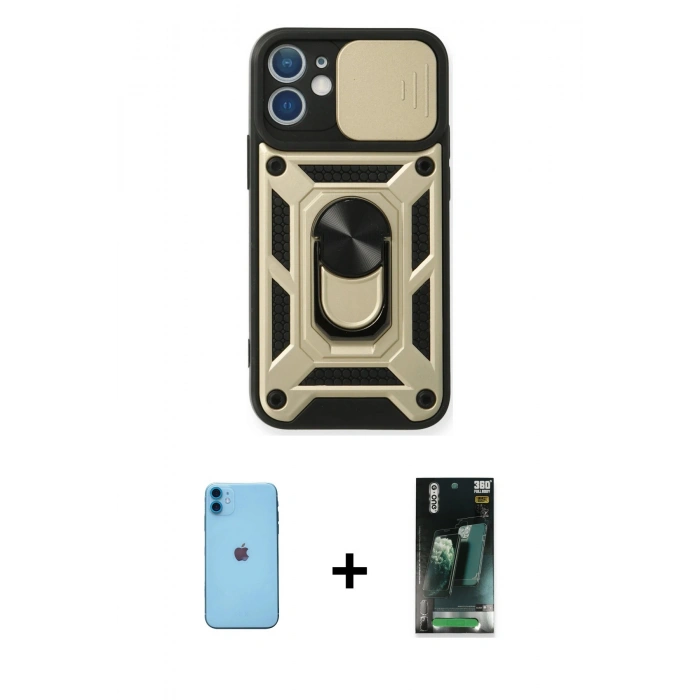 MARSİLYAN™- iPhone 11 Kılıf Ahenk Klasik - Siyah 360 Mat Full Body Arka Koruyucu + Neon Fosforlu Kamera Lens - MI