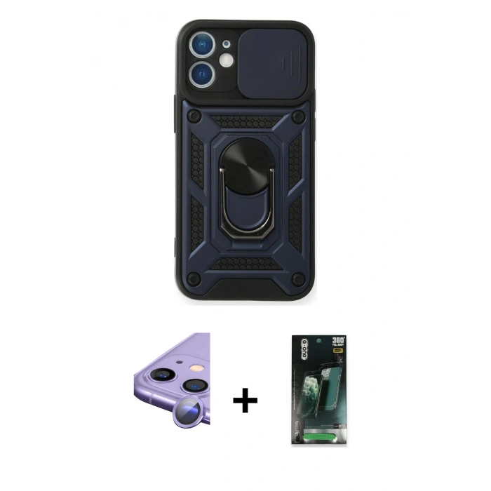MARSİLYAN™- iPhone 11 Kılıf Ahenk Klasik - Siyah 360 Mat Full Body Arka Koruyucu + Raze Metal Kamera Lens - MR