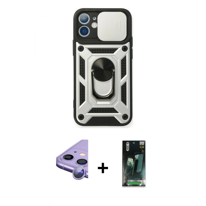MARSİLYAN™- iPhone 11 Kılıf Ahenk Klasik - Siyah 360 Mat Full Body Arka Koruyucu + Raze Metal Kamera Lens - MR