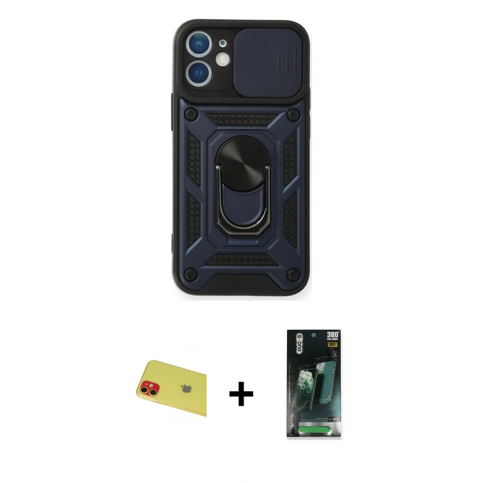 MARSİLYAN™- iPhone 11 Kılıf Ahenk Klasik - Siyah 360 Mat Full Body Arka Koruyucu + Rainbow Kamera Lens Koruma Cam - KI