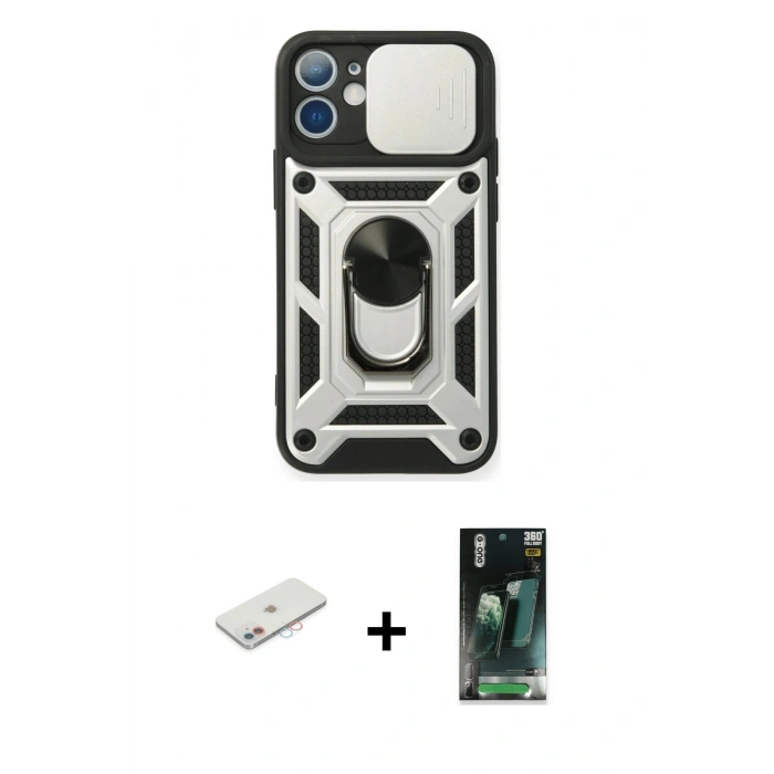 MARSİLYAN™- iPhone 11 Kılıf Ahenk Klasik - Siyah 360 Mat Full Body Arka Koruyucu + Renkli Kamera Lens Koruma Cam - PE