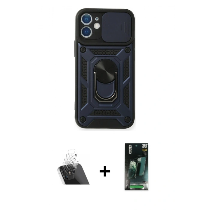 MARSİLYAN™- iPhone 11 Kılıf Ahenk Klasik - Siyah 360 Mat Full Body Arka Koruyucu + Kamera Lens Koruma Cam - SF
