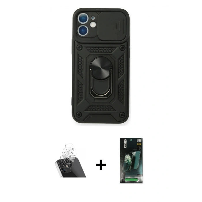 MARSİLYAN™- iPhone 11 Kılıf Ahenk Klasik - Siyah 360 Mat Full Body Arka Koruyucu + Kamera Lens Koruma Cam - SF