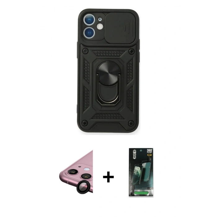 MARSİLYAN™- iPhone 11 Kılıf Ahenk Klasik - Siyah 360 Mat Full Body Arka Koruyucu + Raze Metal Kamera Lens - SH