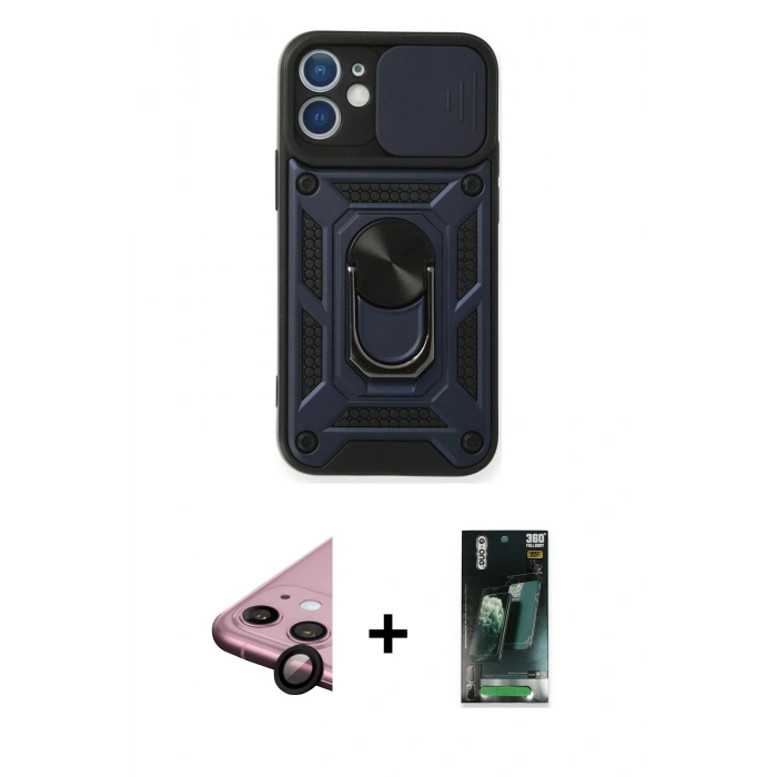 MARSİLYAN™- iPhone 11 Kılıf Ahenk Klasik - Siyah 360 Mat Full Body Arka Koruyucu + Raze Metal Kamera Lens - SH
