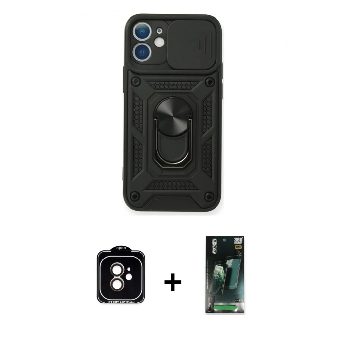 MARSİLYAN™- iPhone 11 Kılıf Ahenk Klasik - Siyah 360 Mat Full Body Arka Koruyucu + PVD Metal Kamera Lens - TU