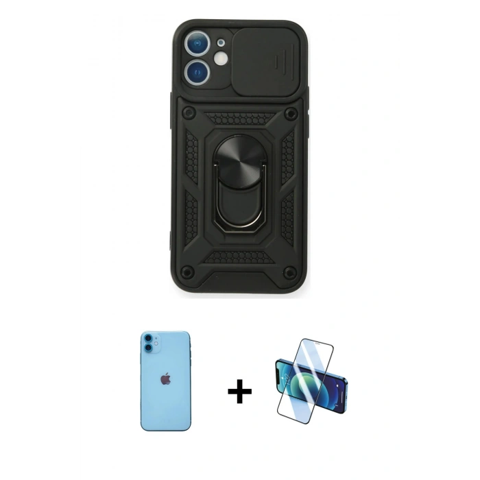 MARSİLYAN™- iPhone 11 Kılıf Ahenk Klasik - Siyah 3D Antistatik Cam Ekran Koruyucu + Neon Fosforlu Kamera Lens - MI