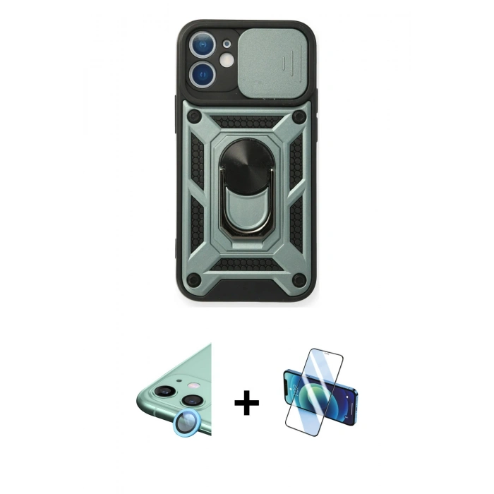 MARSİLYAN™- iPhone 11 Kılıf Ahenk Klasik - Siyah 3D Antistatik Cam Ekran Koruyucu + Raze Metal Kamera Lens - MI