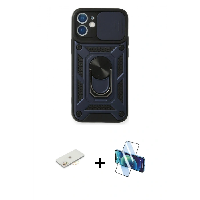 MARSİLYAN™- iPhone 11 Kılıf Ahenk Klasik - Siyah 3D Antistatik Cam Ekran Koruyucu + Renkli Kamera Lens Koruma Cam - SI
