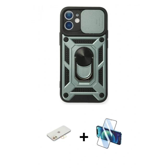 MARSİLYAN™- iPhone 11 Kılıf Ahenk Klasik - Siyah 3D Antistatik Cam Ekran Koruyucu + Renkli Kamera Lens Koruma Cam - SI