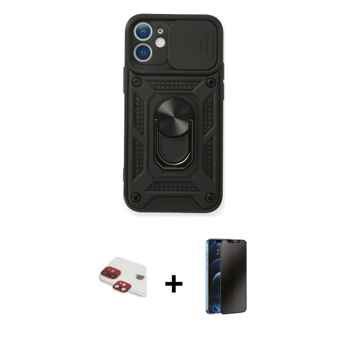 MARSİLYAN™- iPhone 11 Kılıf Ahenk Klasik - Siyah 3D Antistatik Hayalet Cam Ekran Koruyucu + Pers Alüminyum Kamera Lens - KI