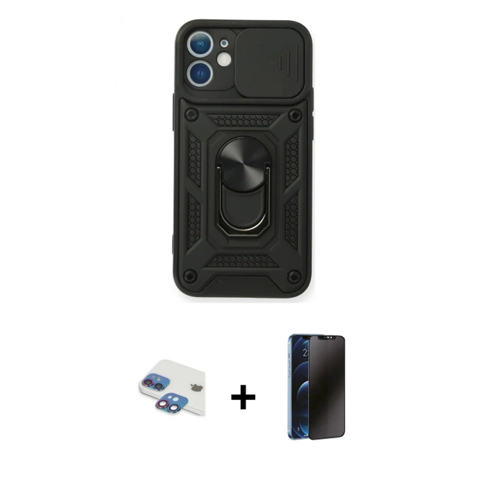 MARSİLYAN™- iPhone 11 Kılıf Ahenk Klasik - Siyah 3D Antistatik Hayalet Cam Ekran Koruyucu + Pers Alüminyum Kamera Lens - GI