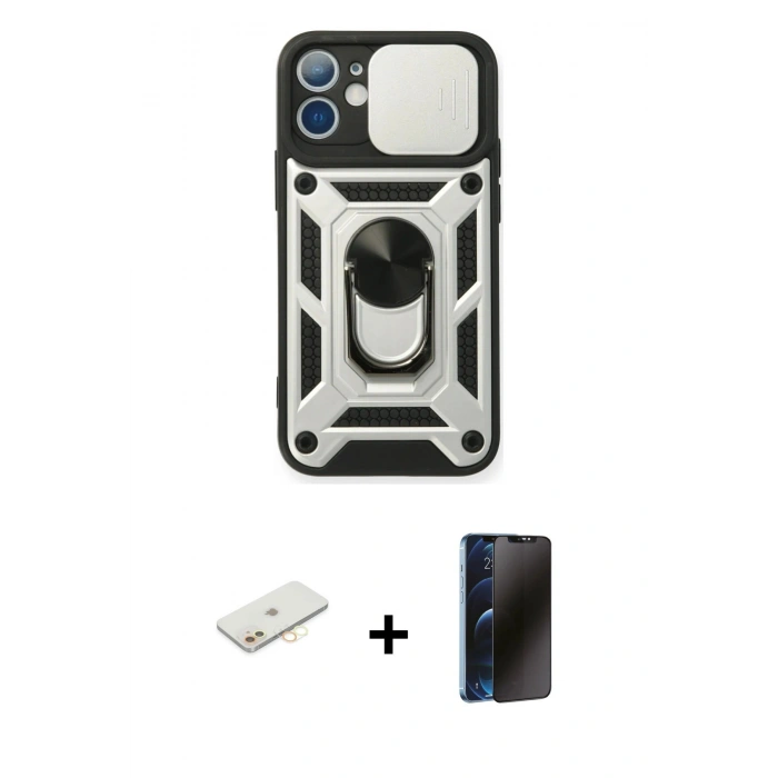MARSİLYAN™- iPhone 11 Kılıf Ahenk Klasik - Siyah 3D Antistatik Hayalet Cam Ekran Koruyucu + Renkli Kamera Lens Koruma Cam - SI