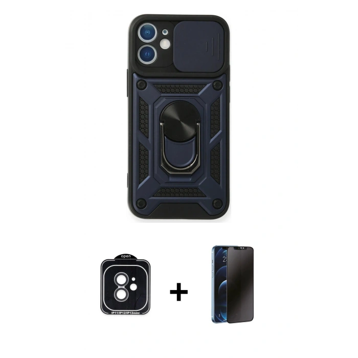 MARSİLYAN™- iPhone 11 Kılıf Ahenk Klasik - Siyah 3D Antistatik Hayalet Cam Ekran Koruyucu + PVD Metal Kamera Lens - SH