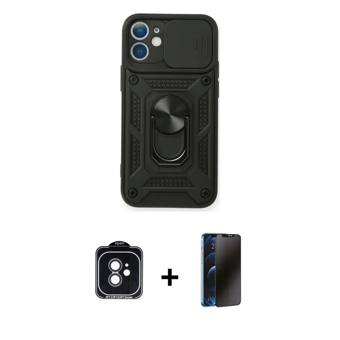 MARSİLYAN™- iPhone 11 Kılıf Ahenk Klasik - Siyah 3D Antistatik Hayalet Cam Ekran Koruyucu + PVD Metal Kamera Lens - SH