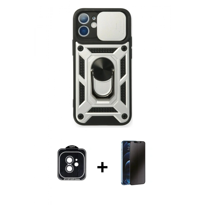 MARSİLYAN™- iPhone 11 Kılıf Ahenk Klasik - Siyah 3D Antistatik Hayalet Cam Ekran Koruyucu + PVD Metal Kamera Lens - SH