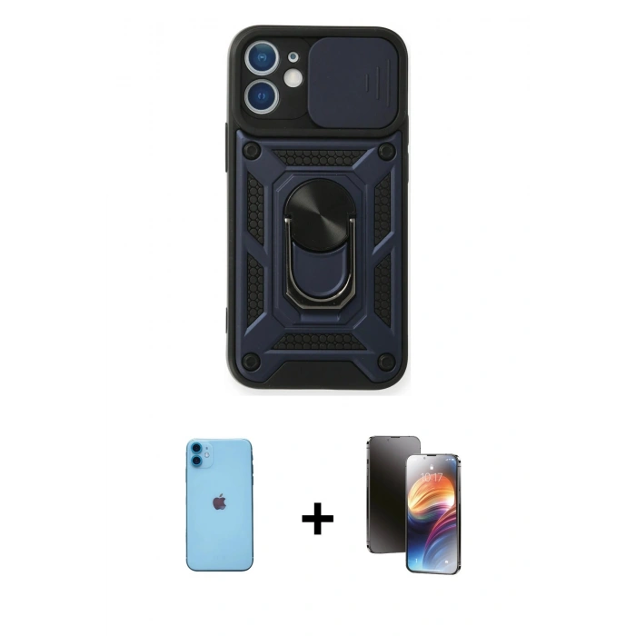 MARSİLYAN™- iPhone 11 Kılıf Ahenk Klasik - Siyah 3D Antistatik Mat Seramik Nano Ekran Koruyucu + Mavi Neon Fosforlu Kamera Lens
