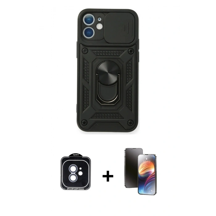MARSİLYAN™- iPhone 11 Kılıf Ahenk Klasik - Siyah 3D Antistatik Mat Seramik Nano Ekran Koruyucu + PVD Metal Kamera Lens - MI