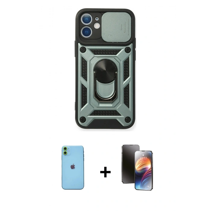 MARSİLYAN™- iPhone 11 Kılıf Ahenk Klasik - Siyah 3D Antistatik Mat Seramik Nano Ekran Koruyucu + Neon Fosforlu Kamera Lens - YL