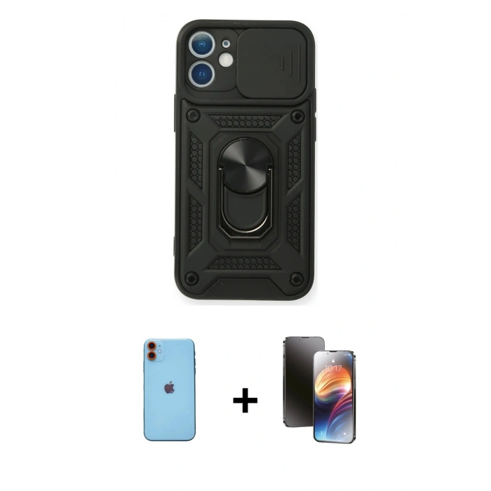 MARSİLYAN™- iPhone 11 Kılıf Ahenk Klasik - Siyah 3D Antistatik Mat Seramik Nano Ekran Koruyucu + Neon Fosforlu Kamera Lens - TU