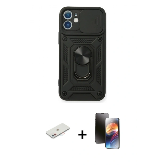MARSİLYAN™- iPhone 11 Kılıf Ahenk Klasik - Siyah 3D Antistatik Mat Seramik Nano Ekran Koruyucu + Renkli Kamera Lens Koruma Cam - PE