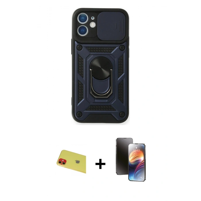 MARSİLYAN™- iPhone 11 Kılıf Ahenk Klasik - Siyah 3D Antistatik Mat Seramik Nano Ekran Koruyucu + Rainbow Kamera Lens Koruma Cam - KI