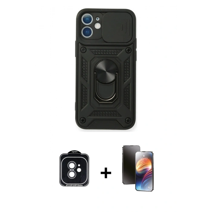 MARSİLYAN™- iPhone 11 Kılıf Ahenk Klasik - Siyah 3D Antistatik Mat Seramik Nano Ekran Koruyucu + PVD Metal Kamera Lens - SH