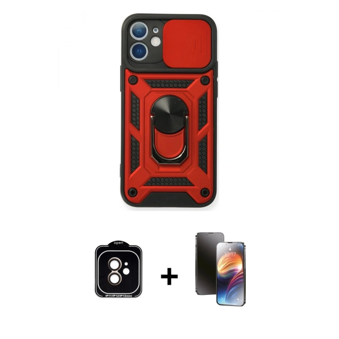 MARSİLYAN™- iPhone 11 Kılıf Ahenk Klasik - Siyah 3D Antistatik Mat Seramik Nano Ekran Koruyucu + Turuncu PVD Metal Kamera Lens
