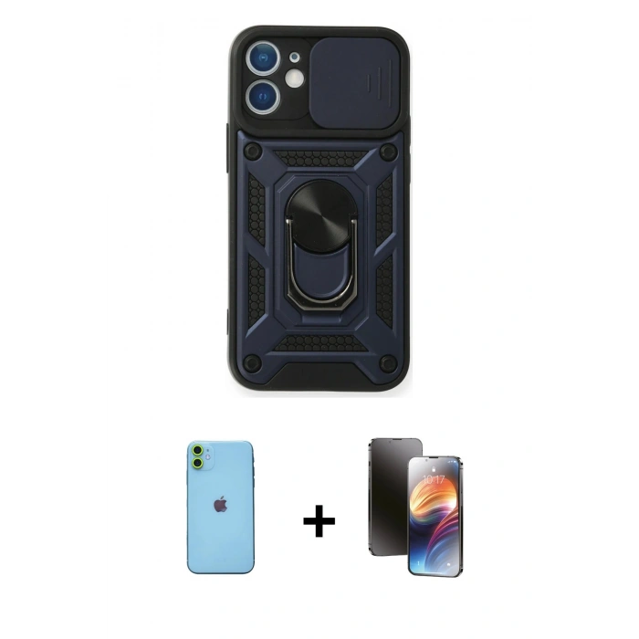 MARSİLYAN™- iPhone 11 Kılıf Ahenk Klasik - Siyah 3D Antistatik Mat Seramik Nano Ekran Koruyucu + Neon Fosforlu Kamera Lens - YL