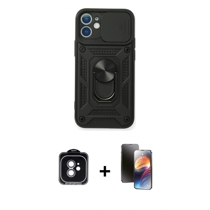 MARSİLYAN™- iPhone 11 Kılıf Ahenk Klasik - Siyah 3D Antistatik Mat Seramik Nano Ekran Koruyucu + PVD Metal Kamera Lens - YL
