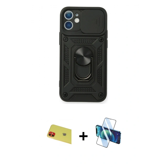 MARSİLYAN™- iPhone 11 Kılıf Ahenk Klasik - Siyah 3D Antistatik Seramik Nano Ekran Koruyucu + Rainbow Kamera Lens Koruma Cam - KI