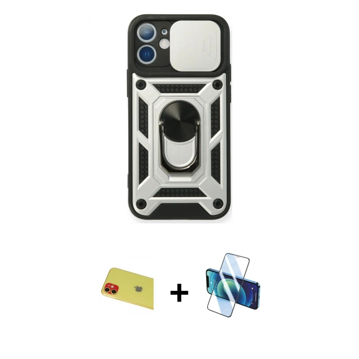 MARSİLYAN™- iPhone 11 Kılıf Ahenk Klasik - Siyah 3D Antistatik Seramik Nano Ekran Koruyucu + Rainbow Kamera Lens Koruma Cam - KI