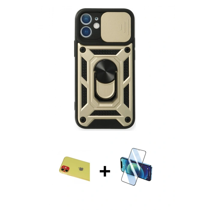 MARSİLYAN™- iPhone 11 Kılıf Ahenk Klasik - Siyah 3D Antistatik Seramik Nano Ekran Koruyucu + Rainbow Kamera Lens Koruma Cam - KI