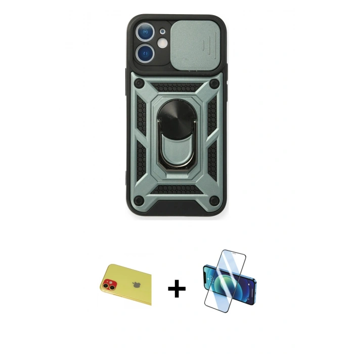 MARSİLYAN™- iPhone 11 Kılıf Ahenk Klasik - Siyah 3D Antistatik Seramik Nano Ekran Koruyucu + Rainbow Kamera Lens Koruma Cam - KI
