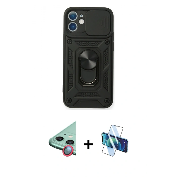 MARSİLYAN™- iPhone 11 Kılıf Ahenk Klasik - Siyah 3D Antistatik Seramik Nano Ekran Koruyucu + Raze Metal Kamera Lens - KI