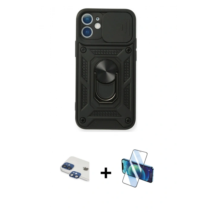 MARSİLYAN™- iPhone 11 Kılıf Ahenk Klasik - Siyah 3D Antistatik Seramik Nano Ekran Koruyucu + Pers Alüminyum Kamera Lens - LT
