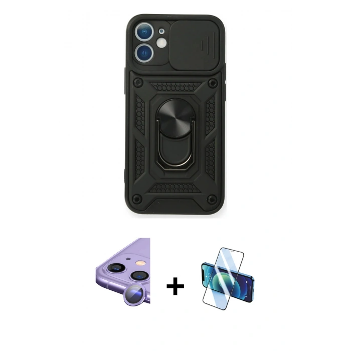 MARSİLYAN™- iPhone 11 Kılıf Ahenk Klasik - Siyah 3D Antistatik Seramik Nano Ekran Koruyucu + Raze Metal Kamera Lens - MR