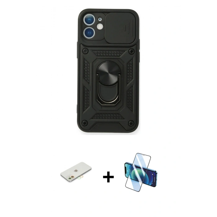 MARSİLYAN™- iPhone 11 Kılıf Ahenk Klasik - Siyah 3D Antistatik Seramik Nano Ekran Koruyucu + Renkli Kamera Lens Koruma Cam - TU