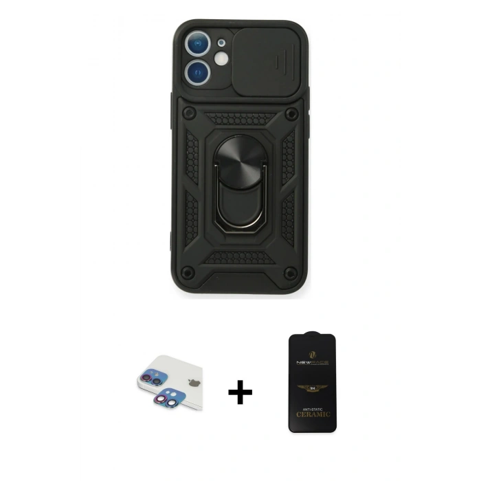 MARSİLYAN™- iPhone 11 Kılıf Ahenk Klasik - Siyah 6D Antistatik Mat Seramik Hayalet Nano Ekran Koruyucu + Pers Alüminyum Kamera Lens - GI