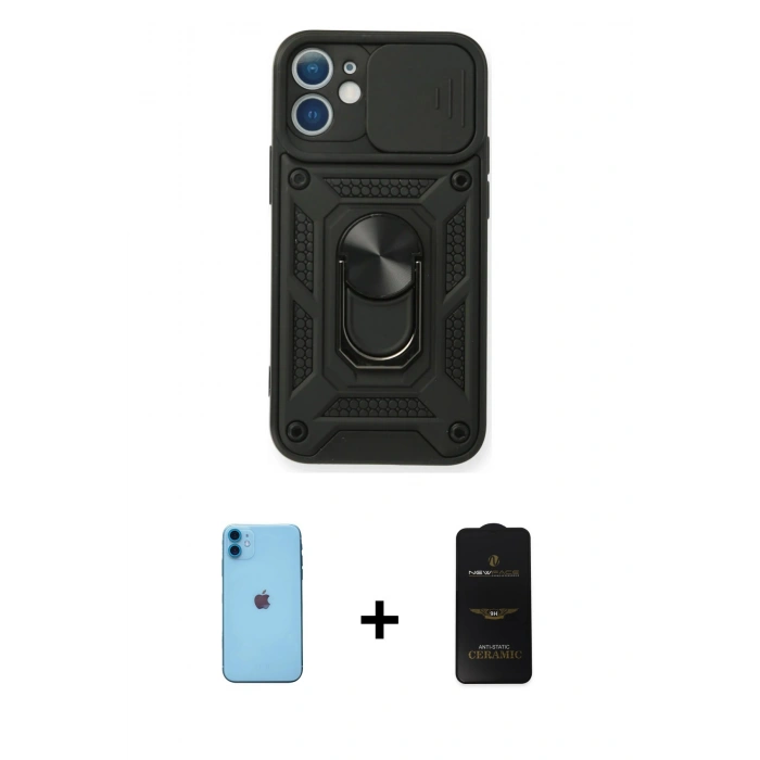MARSİLYAN™- iPhone 11 Kılıf Ahenk Klasik - Siyah 6D Antistatik Mat Seramik Hayalet Nano Ekran Koruyucu + Neon Fosforlu Kamera Lens - MI