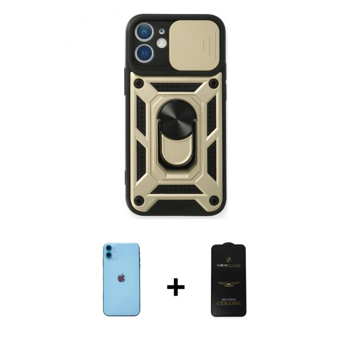 MARSİLYAN™- iPhone 11 Kılıf Ahenk Klasik - Siyah 6D Antistatik Mat Seramik Hayalet Nano Ekran Koruyucu + Neon Fosforlu Kamera Lens - MI