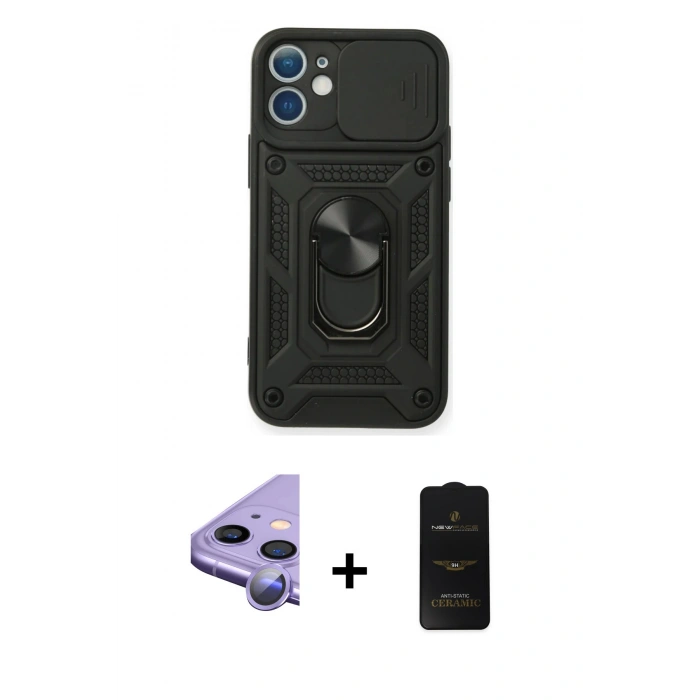 MARSİLYAN™- iPhone 11 Kılıf Ahenk Klasik - Siyah 6D Antistatik Mat Seramik Hayalet Nano Ekran Koruyucu + Raze Metal Kamera Lens - MR
