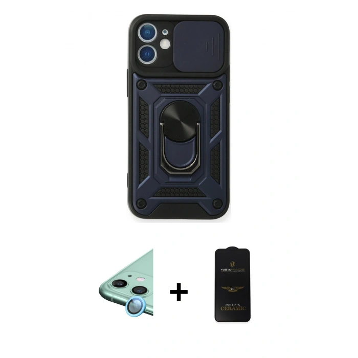 MARSİLYAN™- iPhone 11 Kılıf Ahenk Klasik - Siyah 6D Antistatik Mat Seramik Hayalet Nano Ekran Koruyucu + Raze Metal Kamera Lens - MI