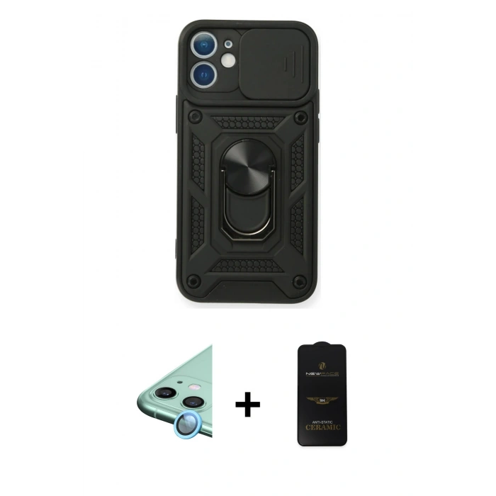 MARSİLYAN™- iPhone 11 Kılıf Ahenk Klasik - Siyah 6D Antistatik Mat Seramik Hayalet Nano Ekran Koruyucu + Raze Metal Kamera Lens - MI