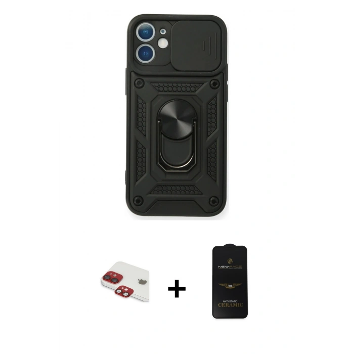 MARSİLYAN™- iPhone 11 Kılıf Ahenk Klasik - Siyah 6D Antistatik Mat Seramik Hayalet Nano Ekran Koruyucu + Pers Alüminyum Kamera Lens - KI