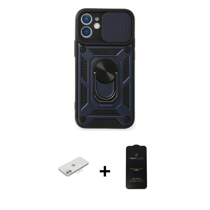 MARSİLYAN™- iPhone 11 Kılıf Ahenk Klasik - Siyah 6D Antistatik Mat Seramik Hayalet Nano Ekran Koruyucu + Renkli Kamera Lens Koruma Cam - PE