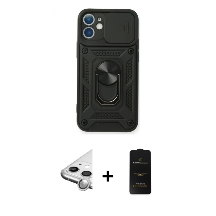 MARSİLYAN™- iPhone 11 Kılıf Ahenk Klasik - Siyah 6D Antistatik Mat Seramik Hayalet Nano Ekran Koruyucu + Raze Metal Kamera Lens - GS