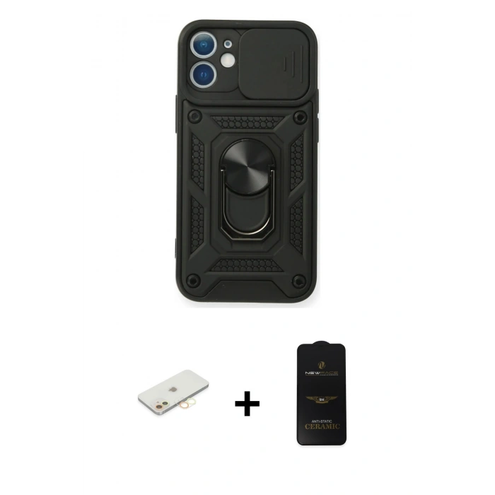 MARSİLYAN™- iPhone 11 Kılıf Ahenk Klasik - Siyah 6D Antistatik Mat Seramik Hayalet Nano Ekran Koruyucu + Renkli Kamera Lens Koruma Cam - SI