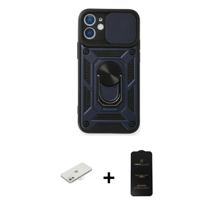 MARSİLYAN™- iPhone 11 Kılıf Ahenk Klasik - Siyah 6D Antistatik Mat Seramik Hayalet Nano Ekran Koruyucu + Renkli Kamera Lens Koruma Cam - SI