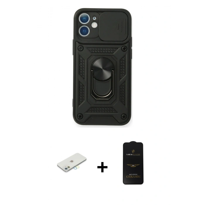 MARSİLYAN™- iPhone 11 Kılıf Ahenk Klasik - Siyah 6D Antistatik Mat Seramik Hayalet Nano Ekran Koruyucu + Renkli Kamera Lens Koruma Cam - SI